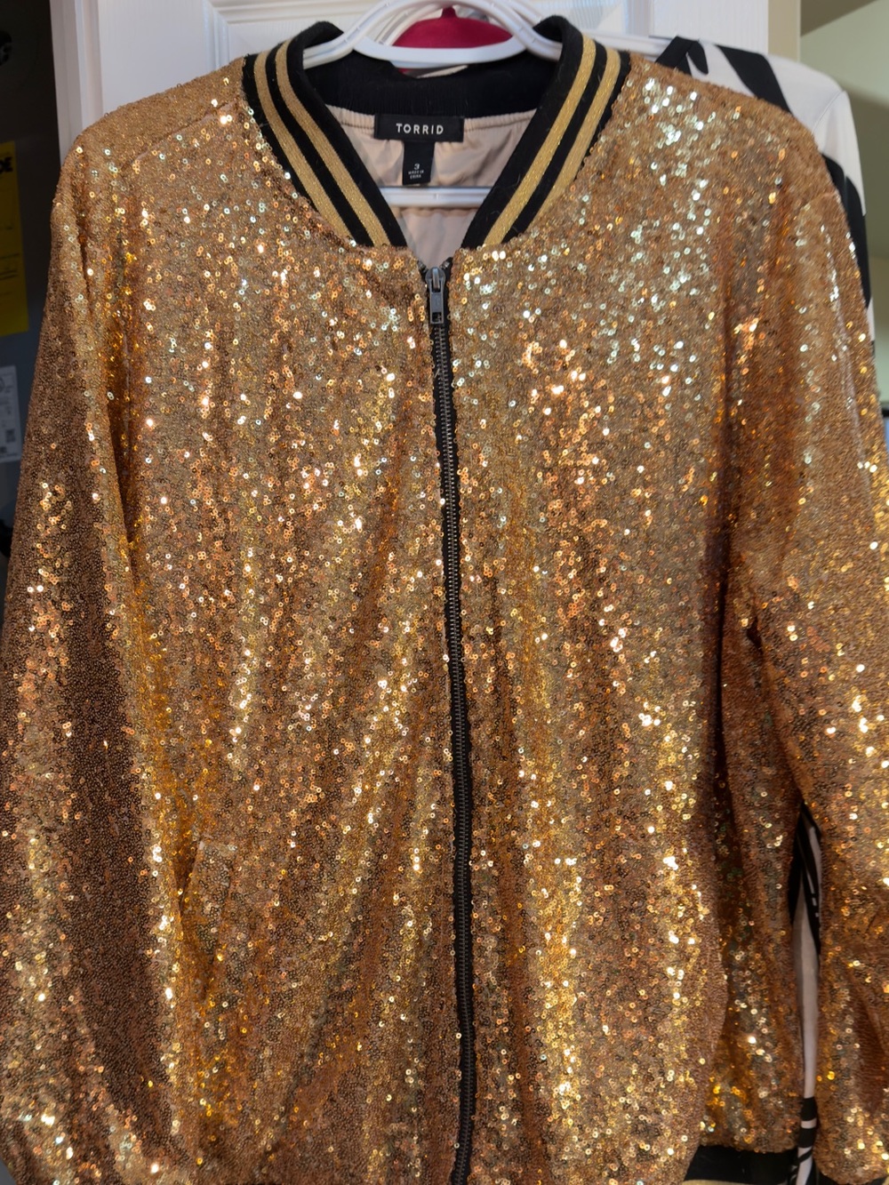 torrid Gold Sequin Bomber Jacket with Black Trim